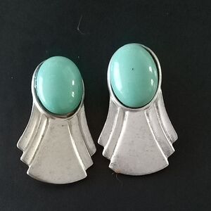 Ben-Amun Silver Tone Earrings with Mint Green Cabochons